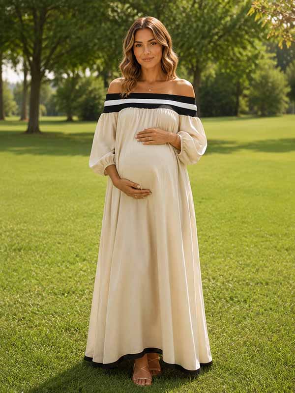 beige dress flowy Momyknows Boho Vacation Color Blocking Outline Off Shoulder Photoshoot Maternity Maxi Size:Custom Size(Rocommend) while the cascading ruffles Men's Novelty Shoes Sand Crochet Knit Halterneck