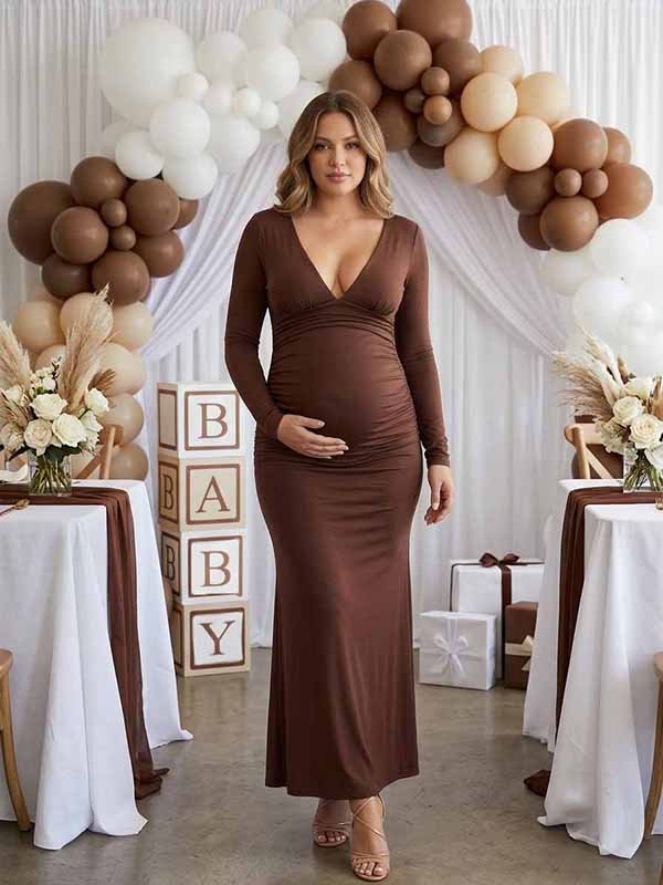 Momyknows Elegant Brown Ruched Bodycon Mermaid Back Slit Baby Shower Maternity Maxi Dress
