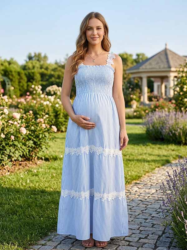 Momyknows Daily Blue Striped Lace Shirring A-Line Vacation Maternity Maxi Dress