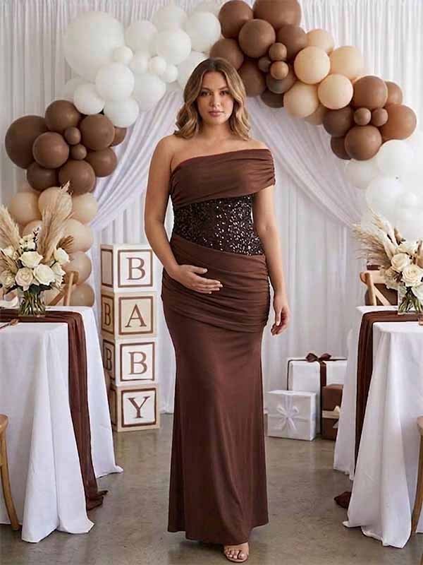 Momyknows Chic Brown Sequin Oblique Shoulder Ruched Tie Back Bodycon Mermaid Baby Shower Maternity Maxi Dress