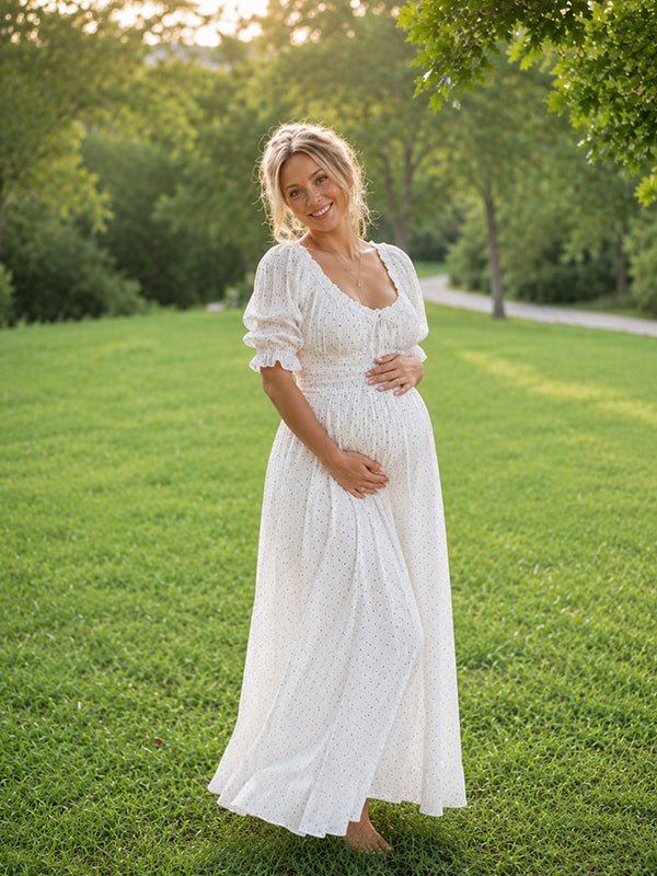 Momyknows White Cute Lace Up Polka Dot Falbala Maternity Maxi Dress