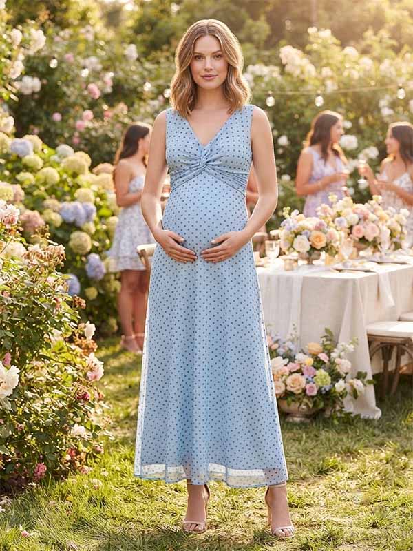 Momyknows Chic Blue Polka Dot Mesh Knot A-Line Flowy Baby Shower Maternity Maxi Dress, Blue / M