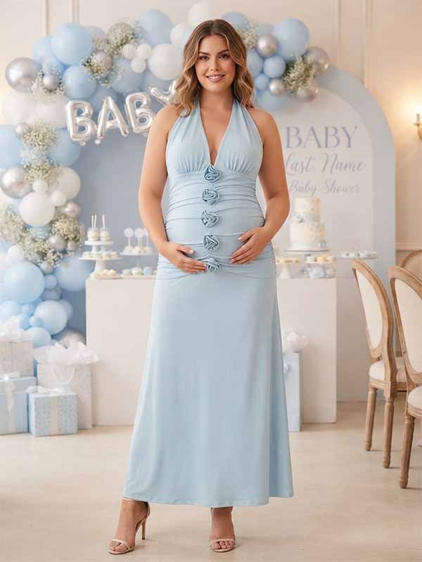 Momyknows Chic Blue 3D Flowers Ruched Halter Neck Backless Baby Shower Maternity Maxi Dress, Blue / XL