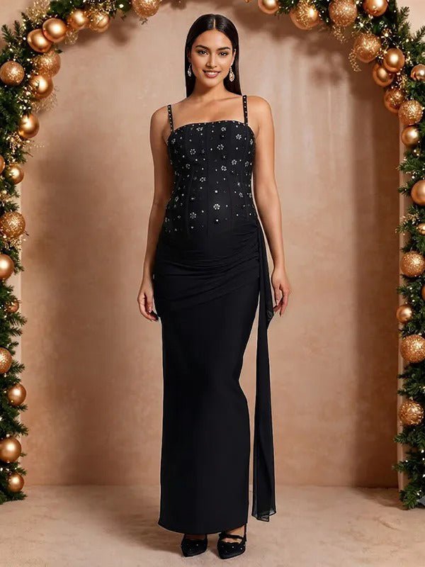 Momyknows Chic Black With Rhinestones Backless Draped Hem Maternity Maxi Dress