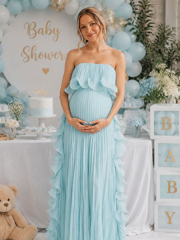 Momyknows Elegant Light Blue Falbala Pleated Flowy Bandeau Baby Shower Maternity Maxi Dress