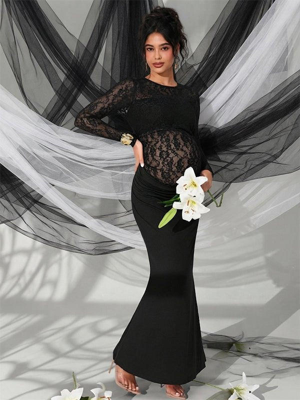 Momyknows Chic Black Lace Patchwork Ruched Bodycon Transparent Photoshoot Maternity Maxi Dress, Black / M
