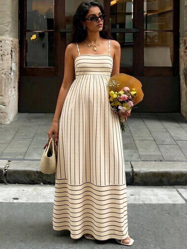 Momyknows Boho Striped Color Blocking Midriff-baring Patchwork Spaghetti Strap Shirring Vacation Maternity Maxi Dress, Apricot / XL