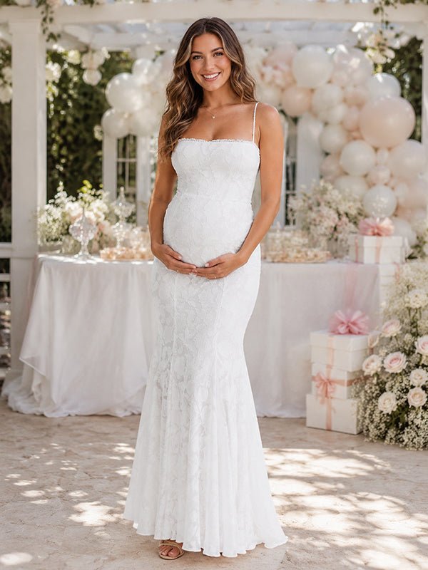 Momyknows White Elegant Backless Lace Up Mermaid Baby Shower Maternity Maxi Dress
