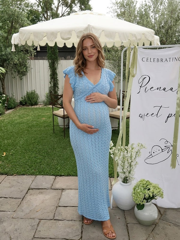 maternity maxi sweater dress Momyknows Elegant Backless Knit Ruffle Falbala Hollow Out Bodycon The Long Sleeve Midi Zapaka Women Grey Blue Origins by Stickley Size:UK 12 / US 13 / EUR 46