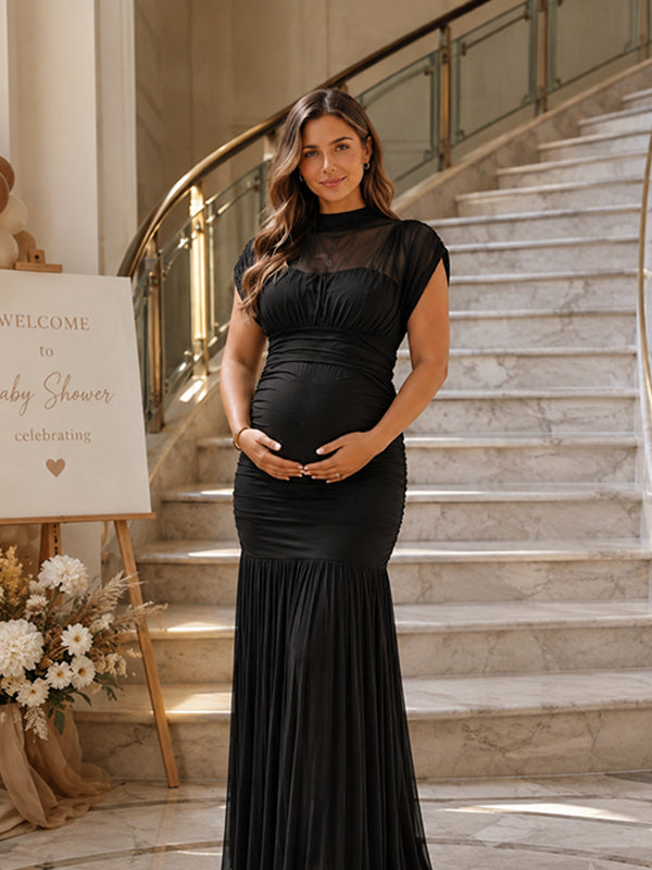 Momyknows Chic Black Mesh Ruched Bodycon Flowy Transparent Patchwork Baby Shower Maternity Maxi Dress