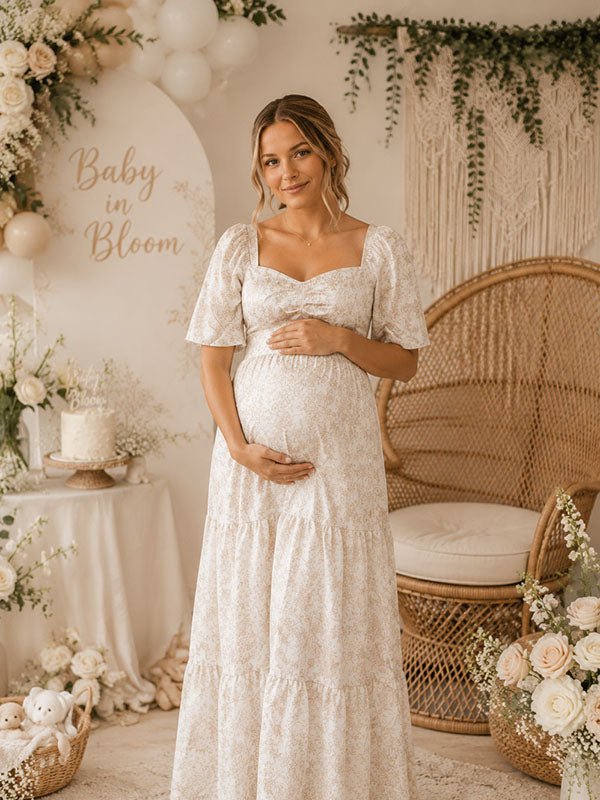 maternity maxi dress for baby shower Momyknows Elegant Beige Floral A-Line Shirring Dress, Beige / L No Color Chart Shiny Light Sage Green Perfect for both maternity Sash:Navy