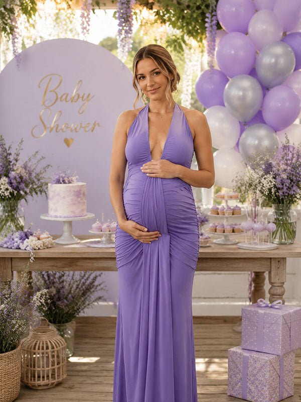 Momyknows Elegant Halter Neck Ruched Lace-Up Side Draped Baby Shower Maternity Maxi Dress