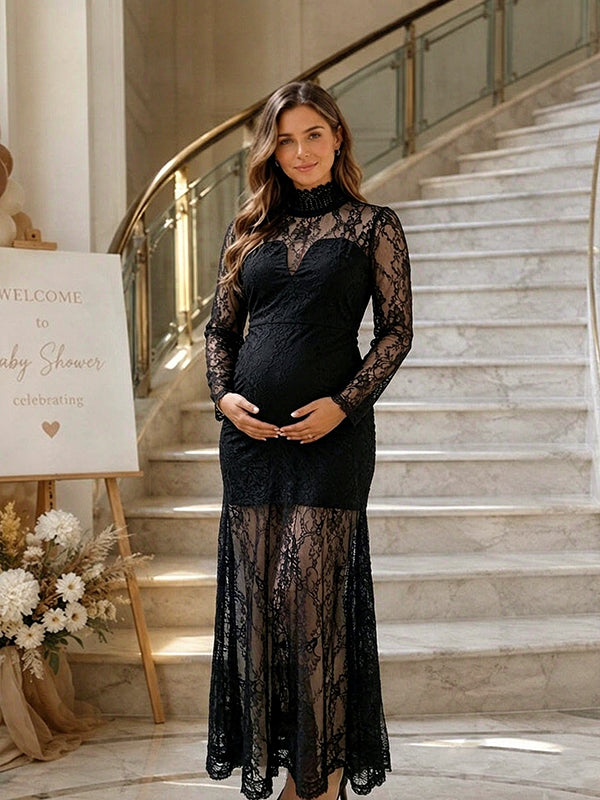 Momyknows Chic Black Lace Transparent Flowy Baby Shower Maternity Maxi Dress
