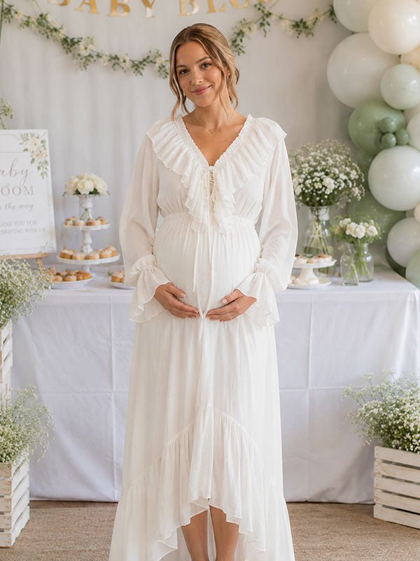 Momyknows Elegant White Flowy Falbala Irregular Lace-Up Baby Shower Maternity Maxi Dress
