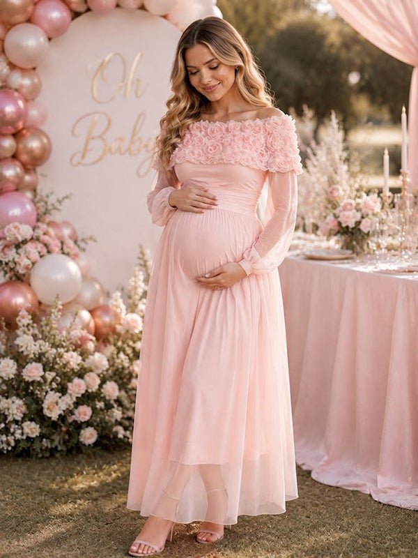 pink off the shoulder maternity dress Momyknows Elegant 3D Flowers Baby Shower Maxi Floral Double-Breasted Blazer Dress Size:20E Turn heads at any xclear051925
