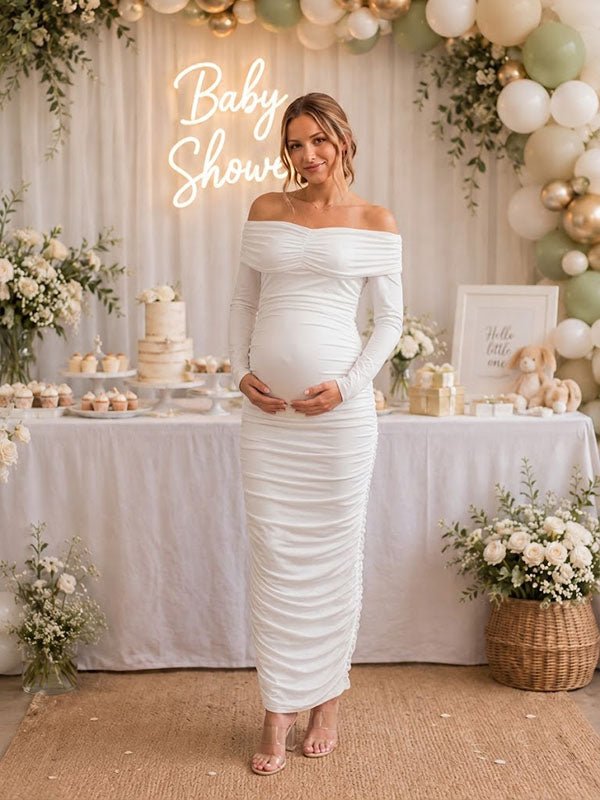 elegant white maternity dress Momyknows Off Shoulder Bodycon Ruched Baby Shower Maxi Chemise Size:Extra Small Flare sleeve Shoulder width Zip Up Denim Mini