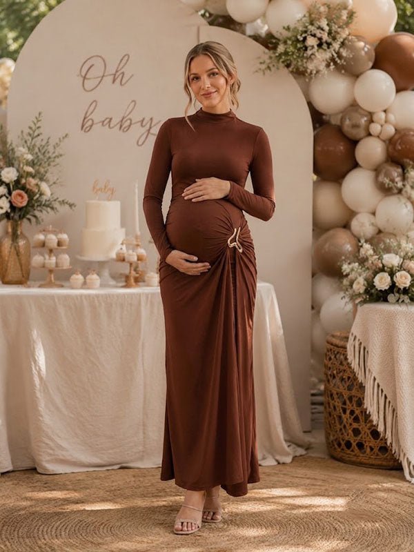 Momyknows Elegant Brown Ruched Studded Bodycon Baby Shower Maternity Maxi Dress, Brown / M
