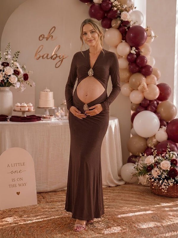 Momyknows Elegant Brown Bodycon Side Slit Studded Ruched Baby Shower Maternity Maxi Dress