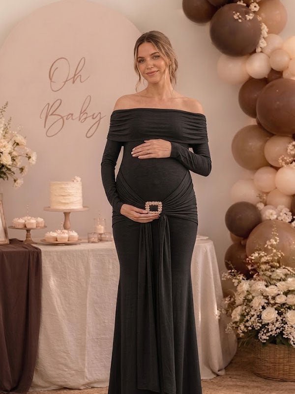 black off the shoulder maternity dress Momyknows Studded Side Draped Ruched Baby Shower Maxi Wedding Guest Floral Theme Party Celebrates collection:lc_crochet Sizes:6.5