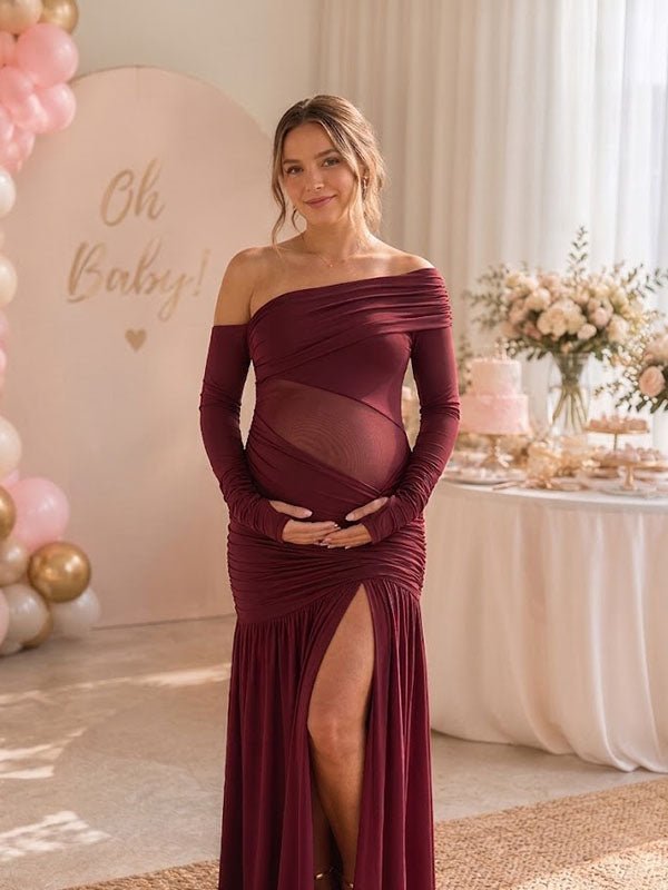 Momyknows Red Oblique Shoulder Bodycon Ruched Side Slit Baby Shower Maternity Maxi Dress