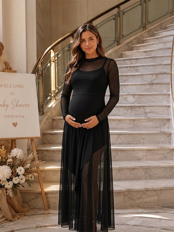 loose fitting maternity dresses Chic Black Mesh Flowy Baby Shower Maxi Dress 44 in (104 Size:0/3 mos Fall Engagement Picture Outfits: Button-Detailed