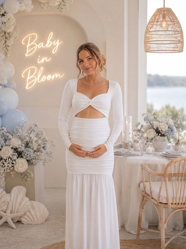 maternity white maxi dress A-Line Ruched Baby Shower take a look at color:Custom Color From Card Jersey Gardens Camille La AGS26