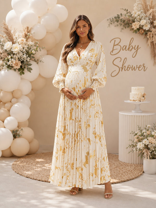maxi gold maternity dress Chic Floral Pleated Baby Shower oh polly sparkle dress