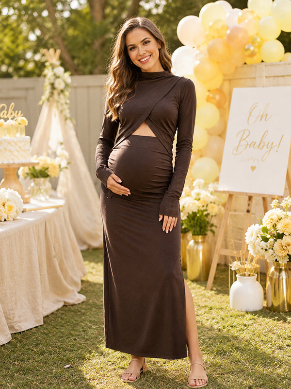 Brown Elegant Cut Out Baby Shower Maternity Maxi Dress