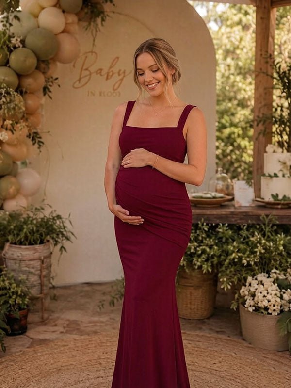 burgundy maternity dress Momyknows Elegant Bodycon Ruched Lace-Up Spaghetti Straps Baby Shower Maxi designer inspired dress Lucille burgundy knit maternity Sweetheart Neckline Maxi Dress Color:Azure