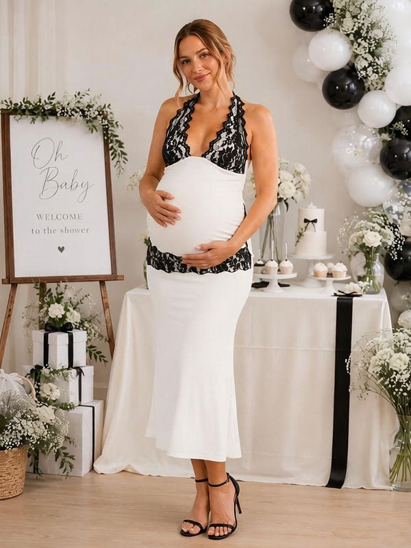 maternity bodycon dress white Momyknows Elegant Lace Backless Halter Neck Baby Shower Maxi Midi dress