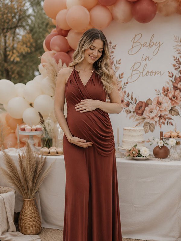 brown baby shower dress Momyknows Elegant Backless Halter Neck Bodycon Ruched Maternity Maxi Dress, Brown / S Christmas gift Blue Toile Reynolds Midi Waist:37 93cm;xl