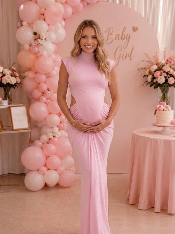 Momyknows Elegant Pink Bodycon Ruched Midriff Baby Shower Maternity Maxi Dress, Pink / M