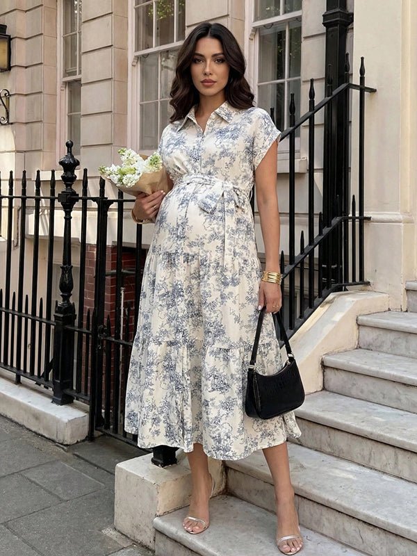 Momyknows Chic Blue Sashes Flowy Ruffle Buttons Floral Vacation Maternity Blous Midi Dress, Blue / L