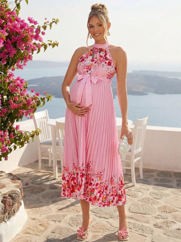 Momyknows Fashion Floral Pleated Halter Neck Sashes Lace-Up Vacation Maternity Midi Dress, Pink / S