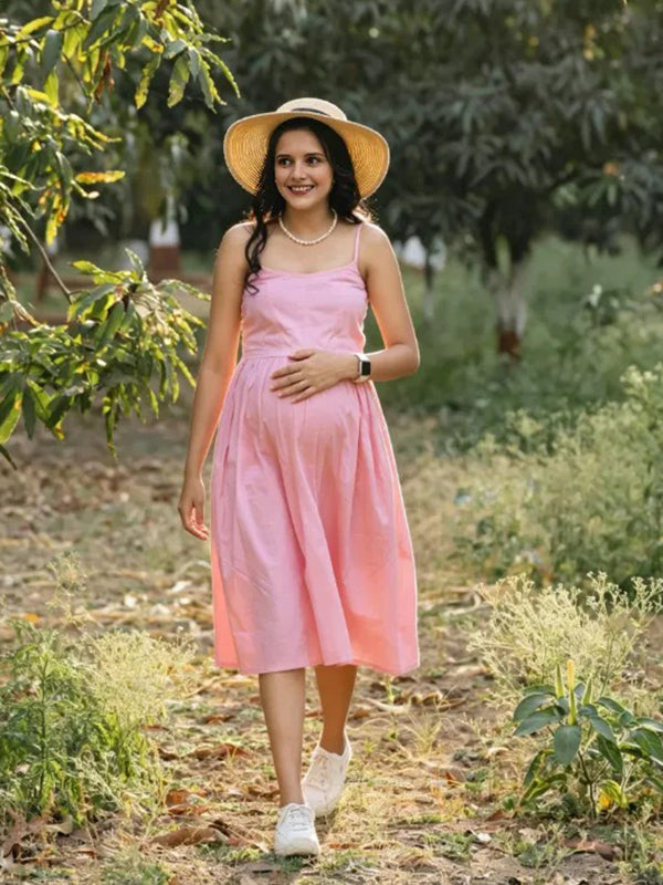 pink midi dress maternity 100% European Linen Maternity Short Sleeve Midi Dress in Mauve Mist