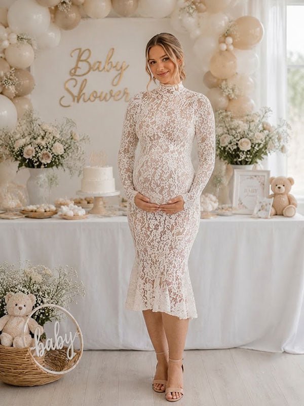 Momyknows Elegant White Bodycon Lace Mermaid Baby Shower Maternity Midi Dress