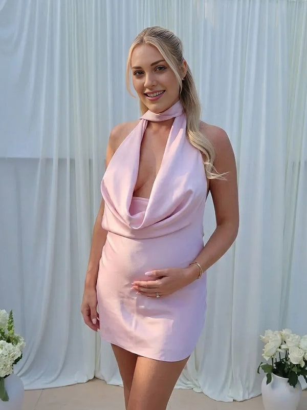 halter cowl neck dress Momyknows Pink Satin Halter Cowl Neck Backless Sweet Maternity Mini Dress Pink / M