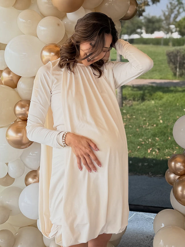 apricot mini dress Momyknows Apricot Irregular Ruffle Cape Sleeve Maternity Mini Dress Apricot / L