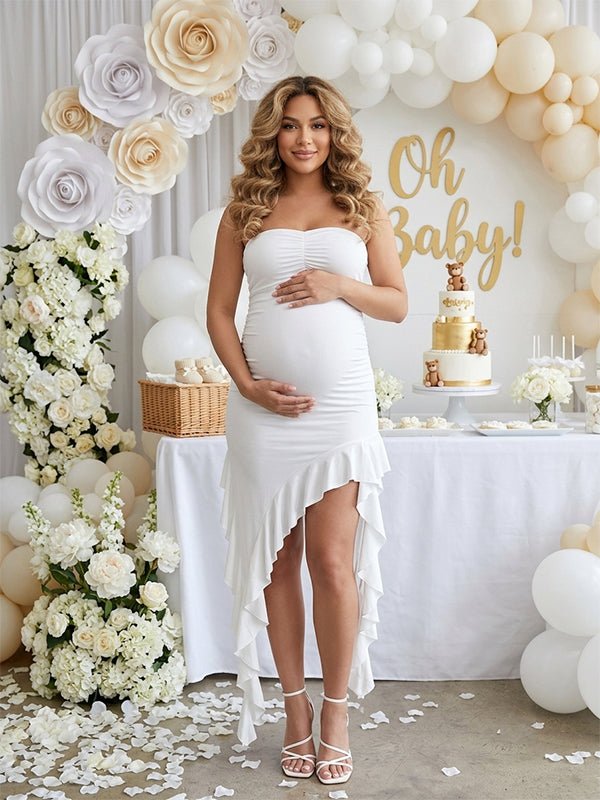 Momyknows Chic White Falbala Irregular Bandeau Bodycon Baby Shower Maternity Mini Dress