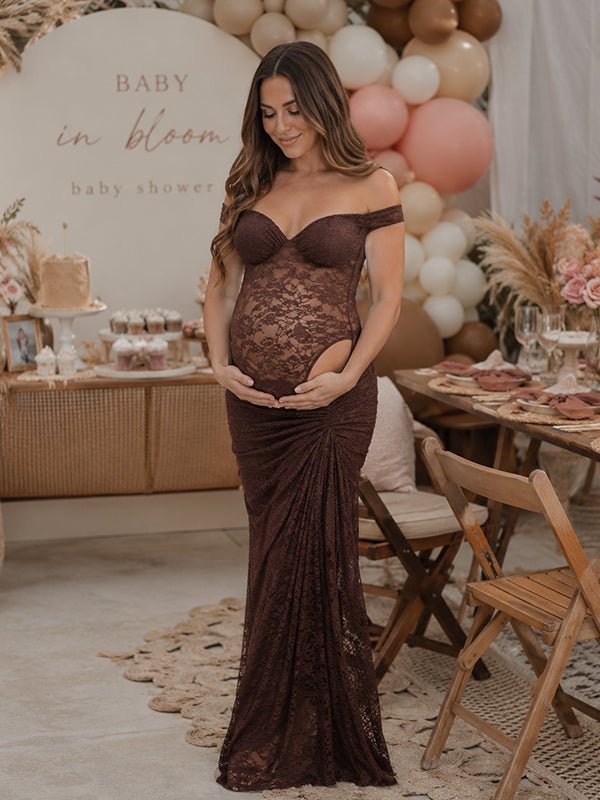 Momyknows Elegant Brown Lace Bodycon Side Slit Backless 2-in-1 Baby Shower Maternity Maxi Dress, Brown / S
