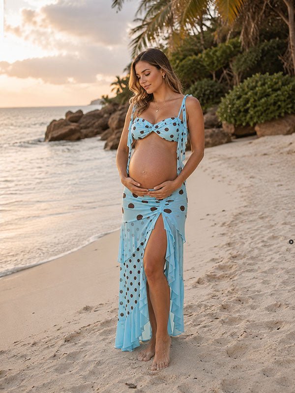 Momyknows Falbala Spaghetti Straps Side Slit Ruched 2-in-1 Backless Polka Dot Maternity Maxi Dress, Blue / M