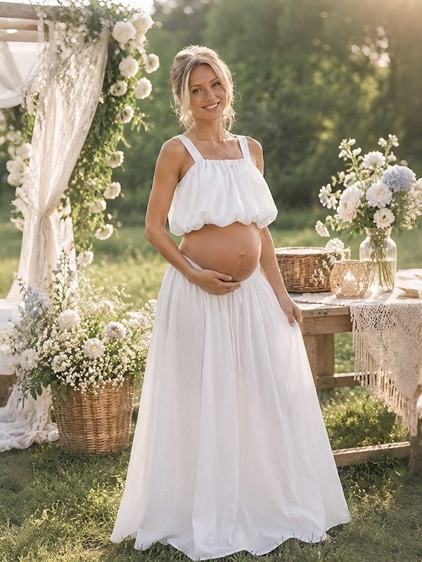 Momyknows Cute White Flowy 2-in-1 Maternity Photoshoot Maxi Dress
