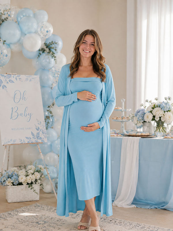 Blue 2-in-1 Side Slit Baby Shower Maternity Maxi Dress