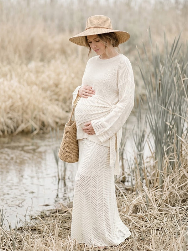 Beige Elegant Crochet 2-in-1 Photoshoot Maternity Maxi Dress