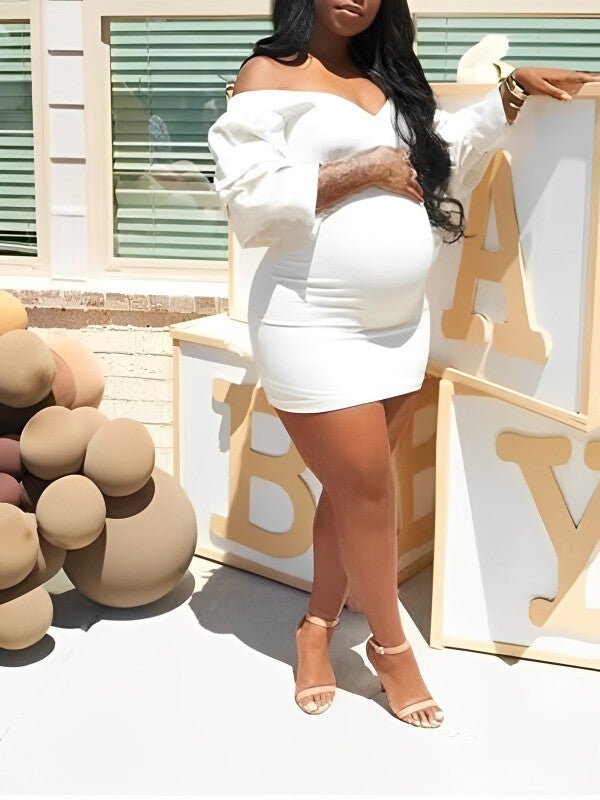Momyknows Off Shoulder Backless V-Neck Lantern Sleeve Bodycon Party Baby Shower Maternity Mini Dress, White / S
