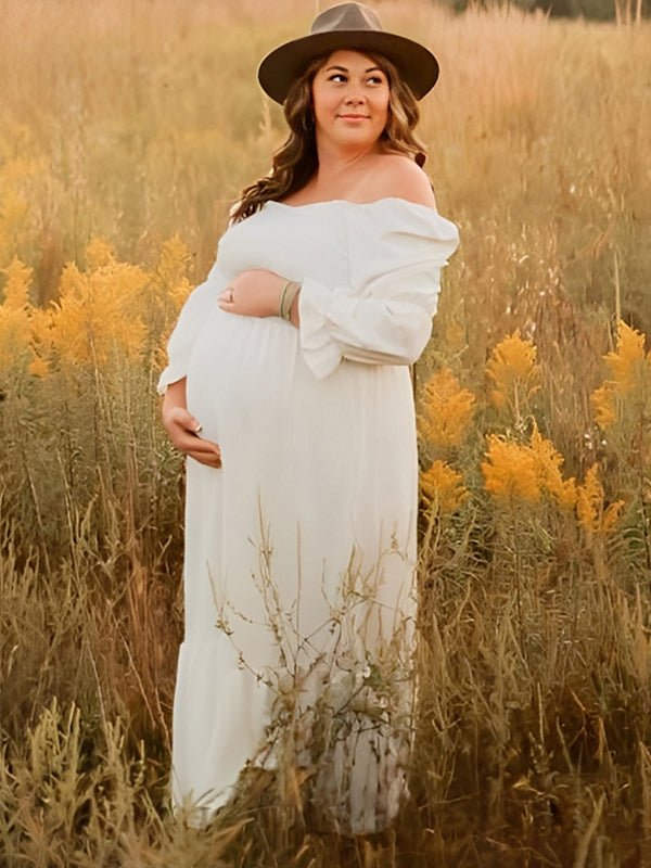 Momyknows White Off Shoulder Ruffle Ruched Puff Sleeve Photoshoot Plus Size Maternity Maxi Dress, White / XL