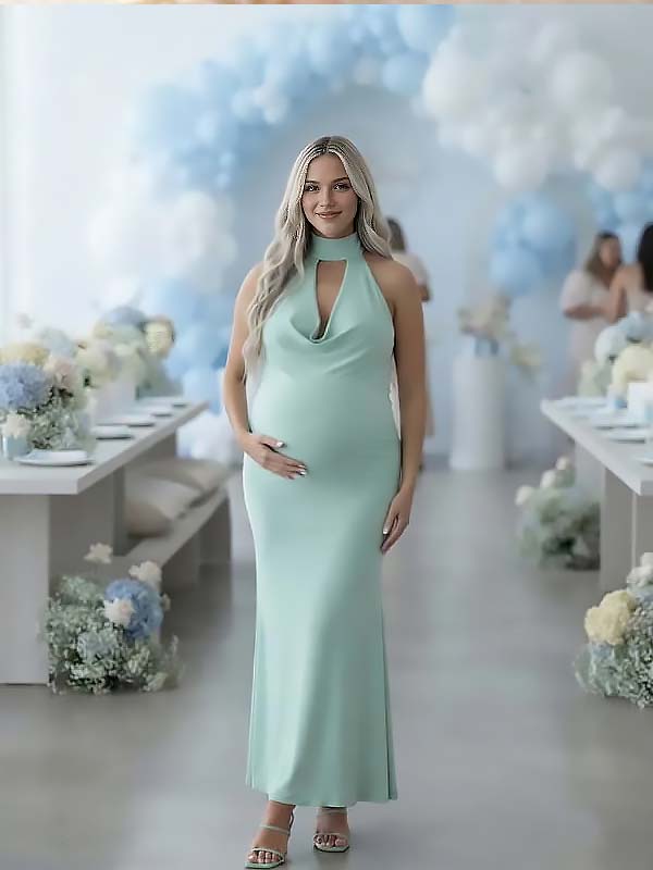 Momyknows Green Halter Neck Ruffle Sheer Backless Cowl Neck Maternity Baby Shower Maxi Dress