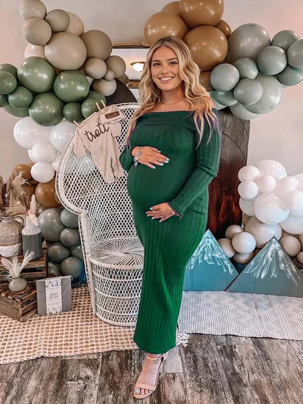 Momyknows Off Shoulder Backless Crochet Maternity Sweater Baby Shower Maxi Dress, Rose Carmine / M