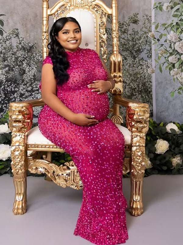 Momyknows Diamond Starry Mandarin Sleeveless Plus Size Maternity Maxi Dress Rose Carmine / XL