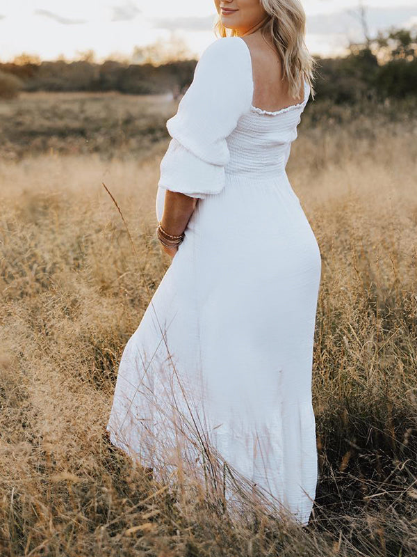 Momyknows White Ruffle Ruched High Waist Puff Sleeve Cute Photoshoot Maternity Maxi Dress White / S Momyknows White Ruffle Ruched High Waist Puff Sleeve Cute Photoshoot Maternity Maxi Dress White / S